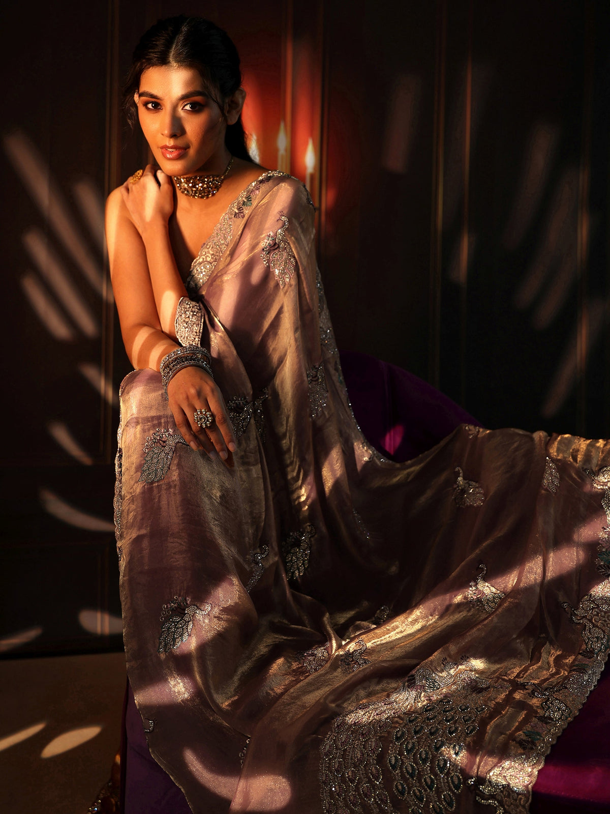 Peach Pink Peacock Embellished Tissue Saree