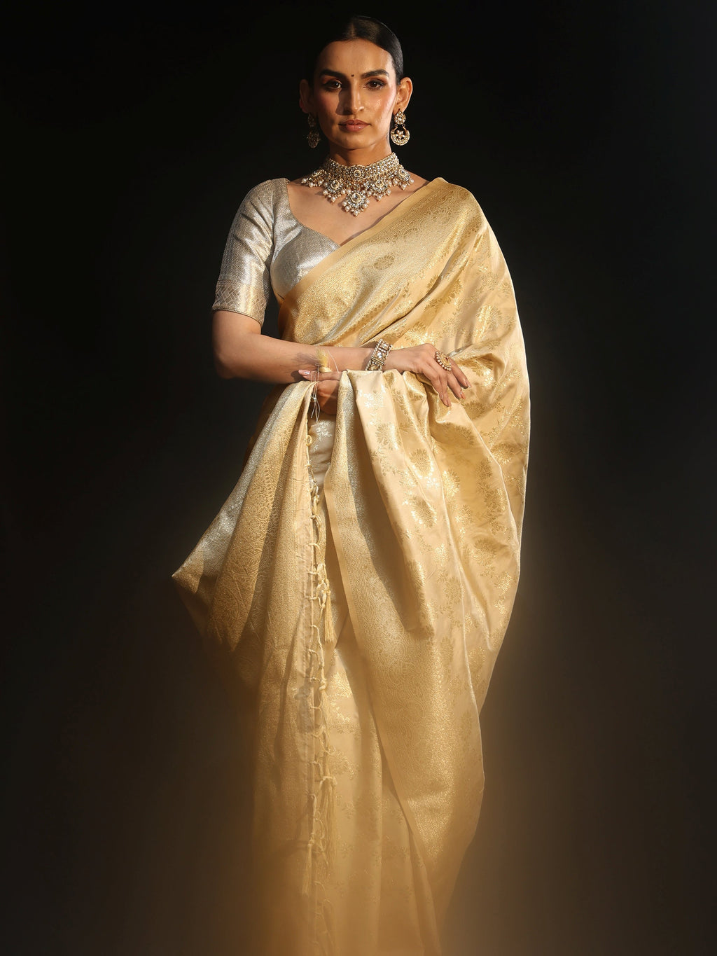 Cream Banarasi Silk Blend Saree