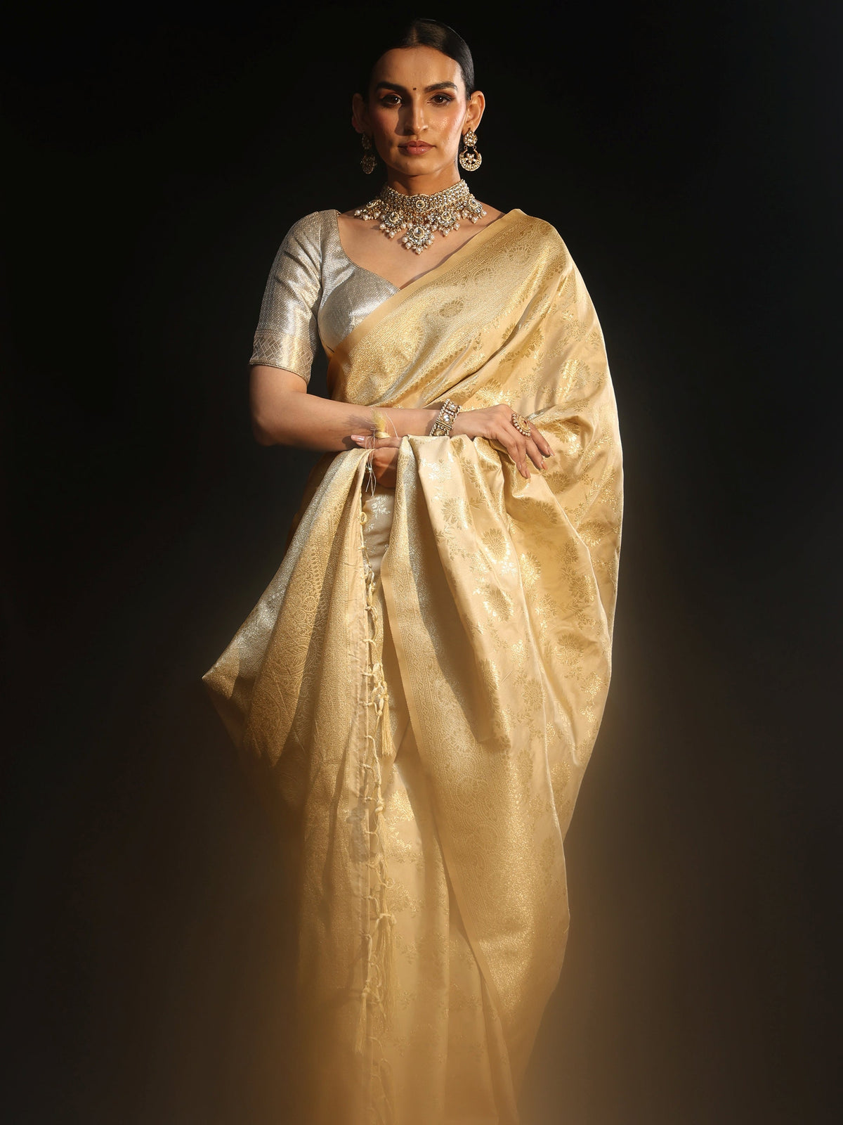Cream Banarasi Silk Blend Saree