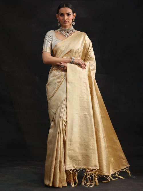 Cream Banarasi Silk Blend Saree