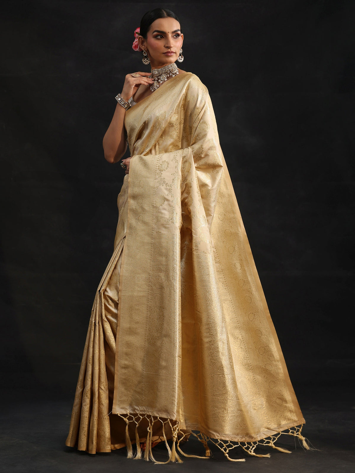 Cream Banarasi Silk Blend Saree