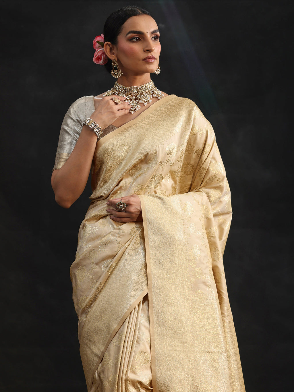 Cream Banarasi Silk Blend Saree