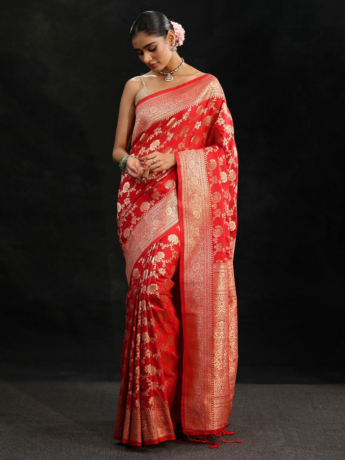 Vermilion Red Banarasi Silk Blend Saree