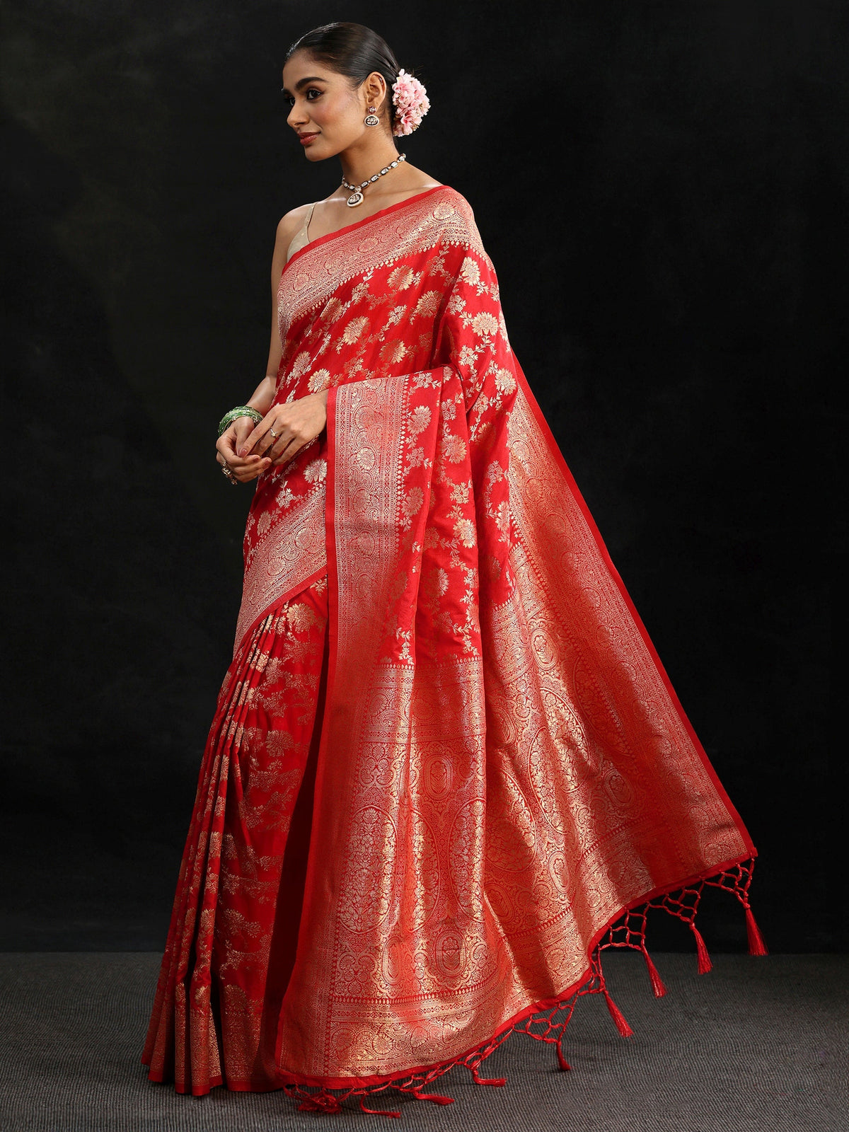 Vermilion Red Banarasi Silk Blend Saree