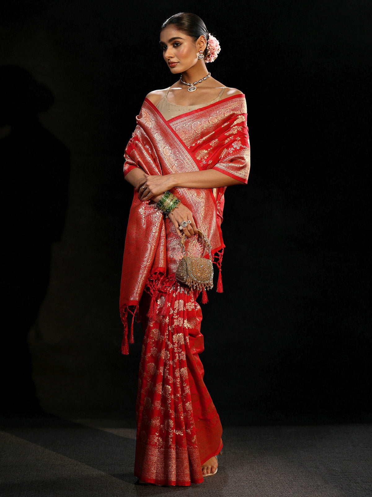 Vermilion Red Banarasi Silk Blend Saree