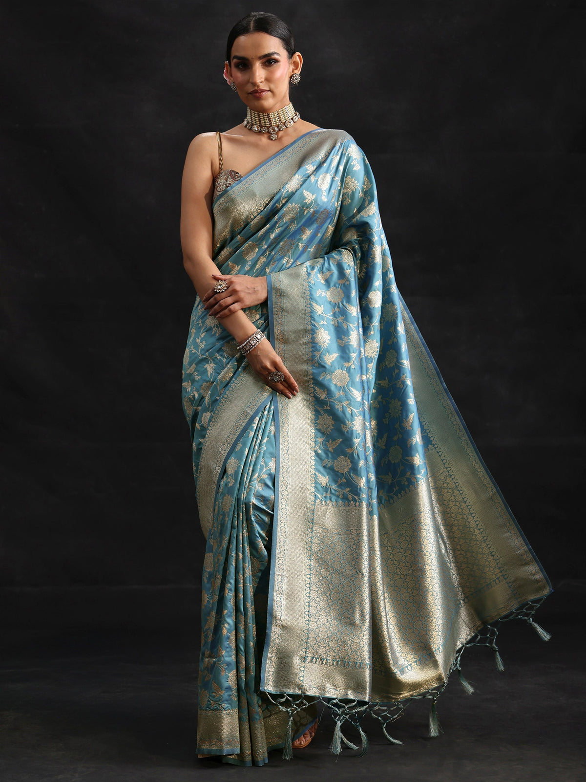 Dusty Sky Blue Banarasi Silk Blend Saree