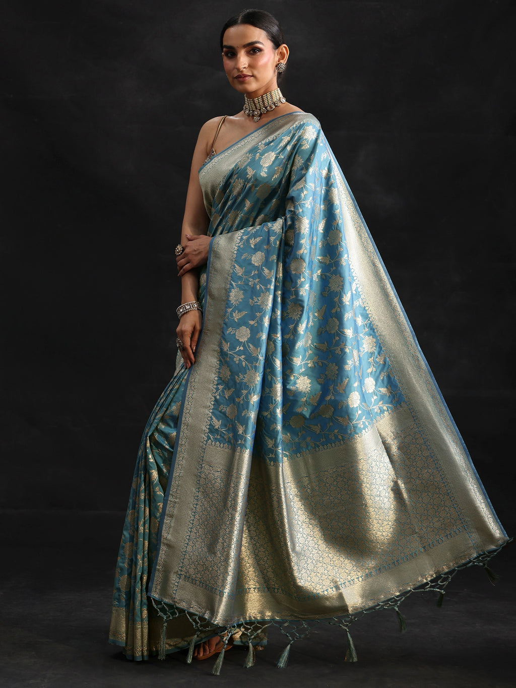 Dusty Sky Blue Banarasi Silk Blend Saree