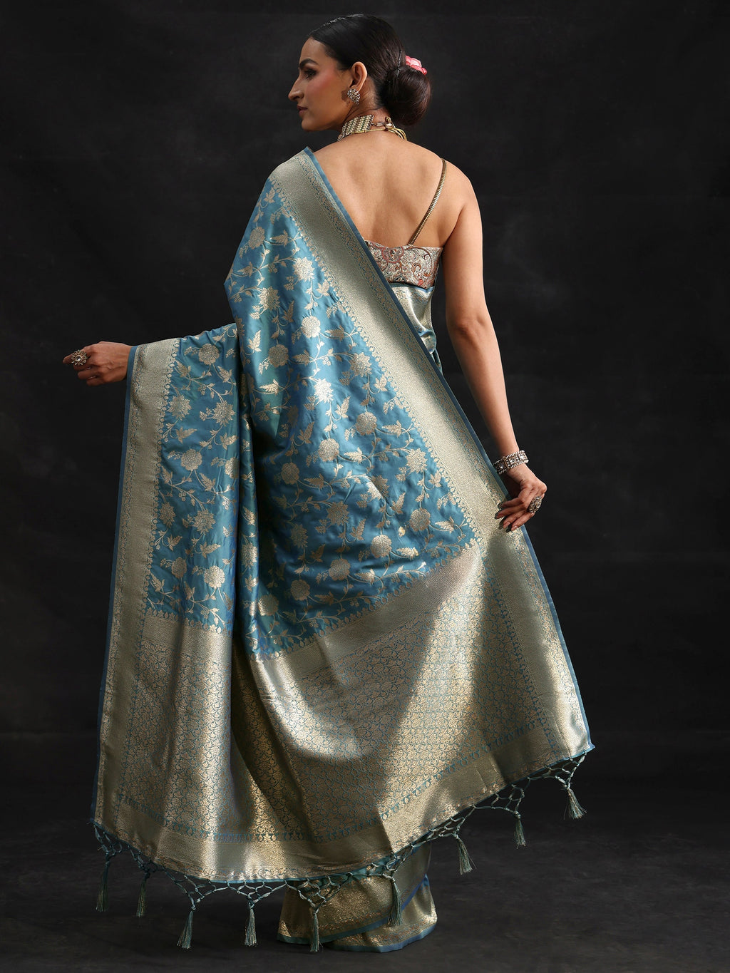 Dusty Sky Blue Banarasi Silk Blend Saree