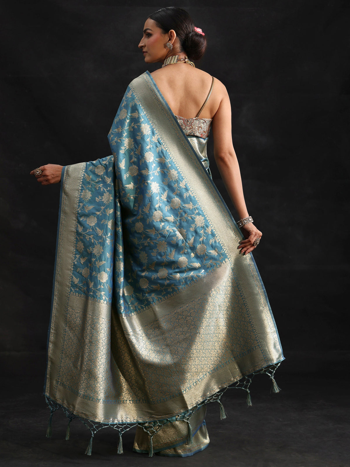 Dusty Sky Blue Banarasi Silk Blend Saree
