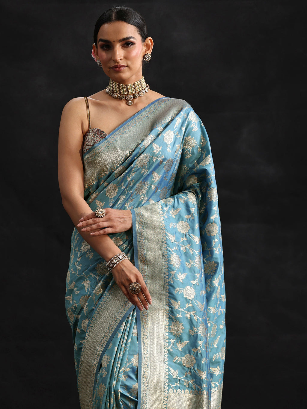Dusty Sky Blue Banarasi Silk Blend Saree