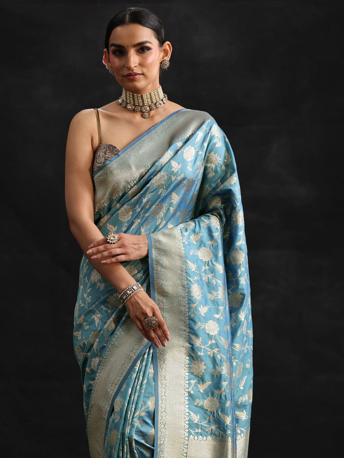 Dusty Sky Blue Banarasi Silk Blend Saree