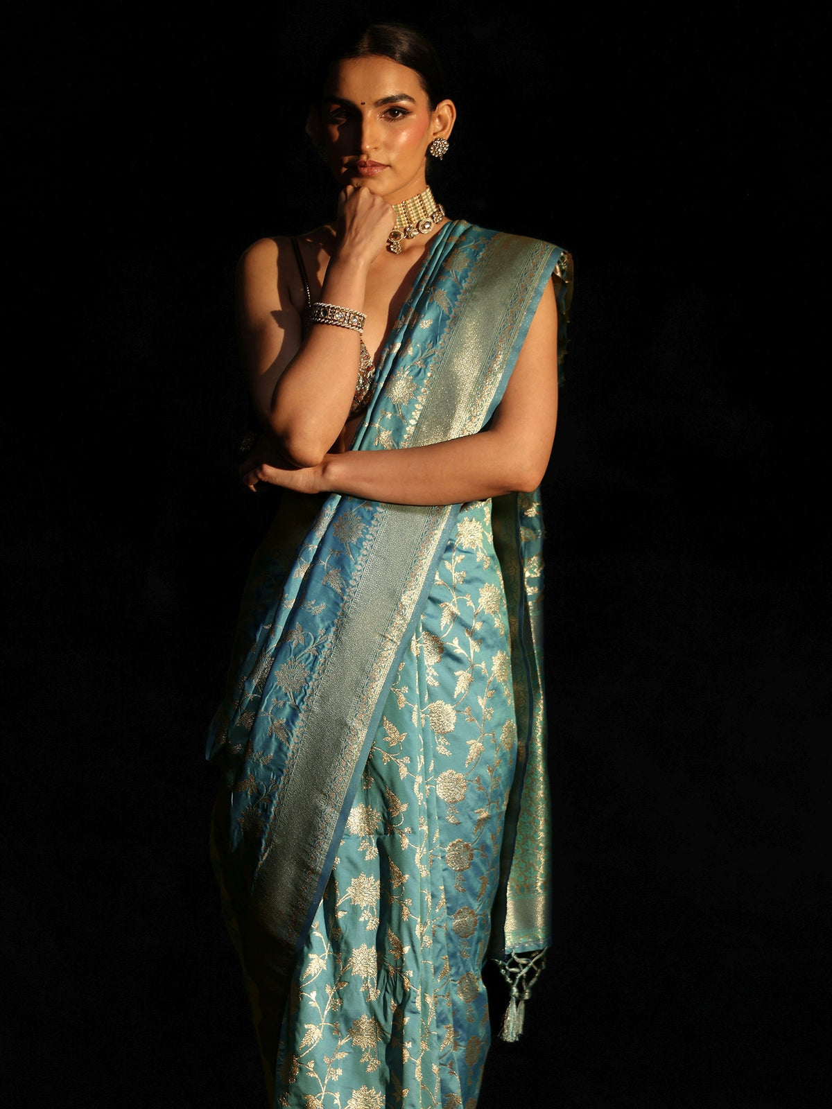 Dusty Sky Blue Banarasi Silk Blend Saree