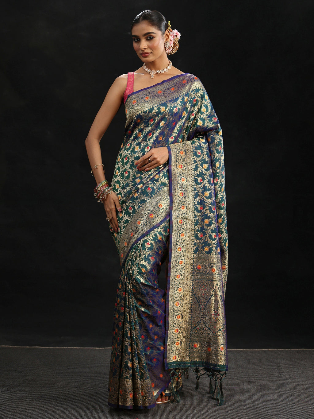 Navy Blue Meenakari Banarasi Silk Blend Saree