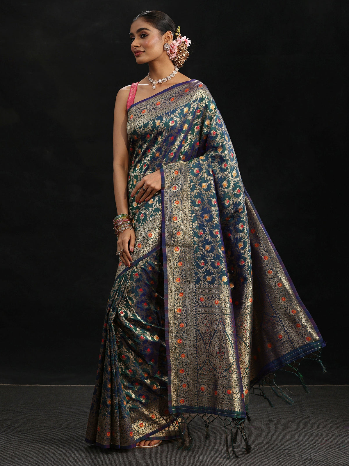 Navy Blue Meenakari Banarasi Silk Blend Saree