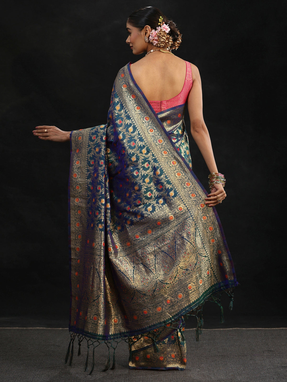 Navy Blue Meenakari Banarasi Silk Blend Saree