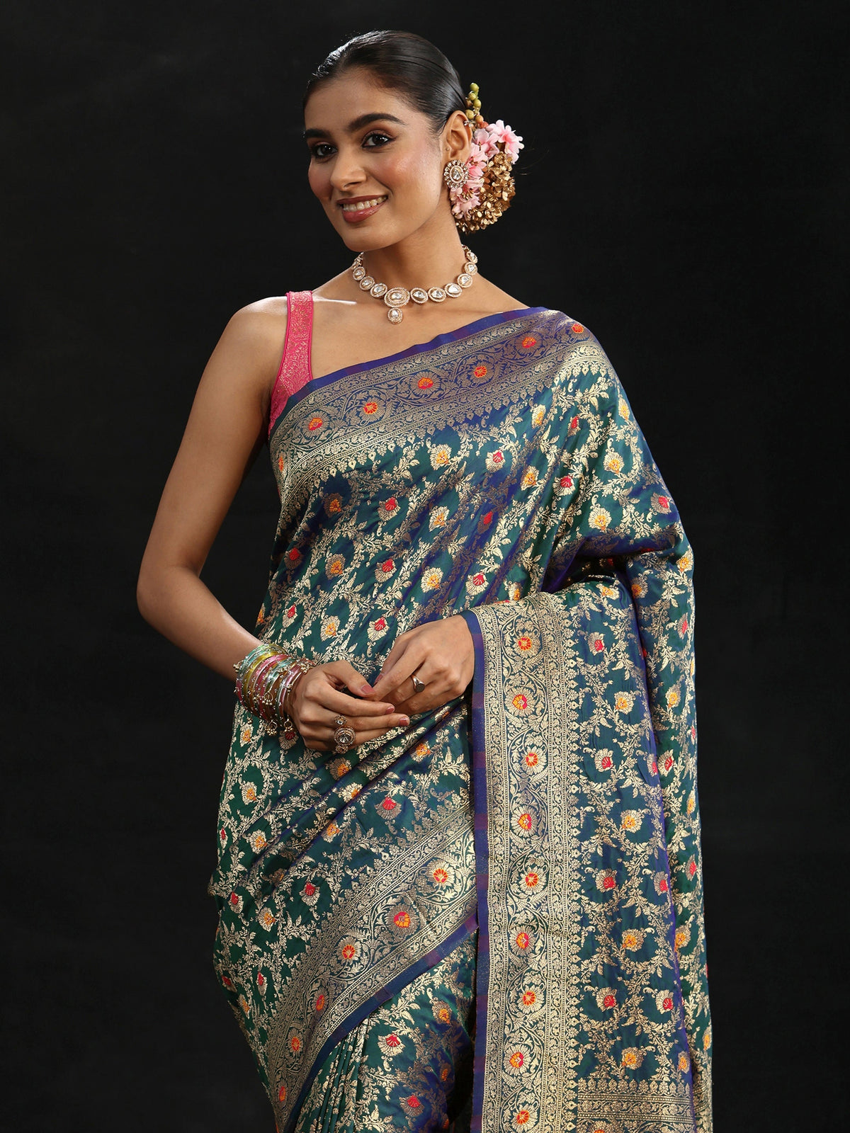 Navy Blue Meenakari Banarasi Silk Blend Saree