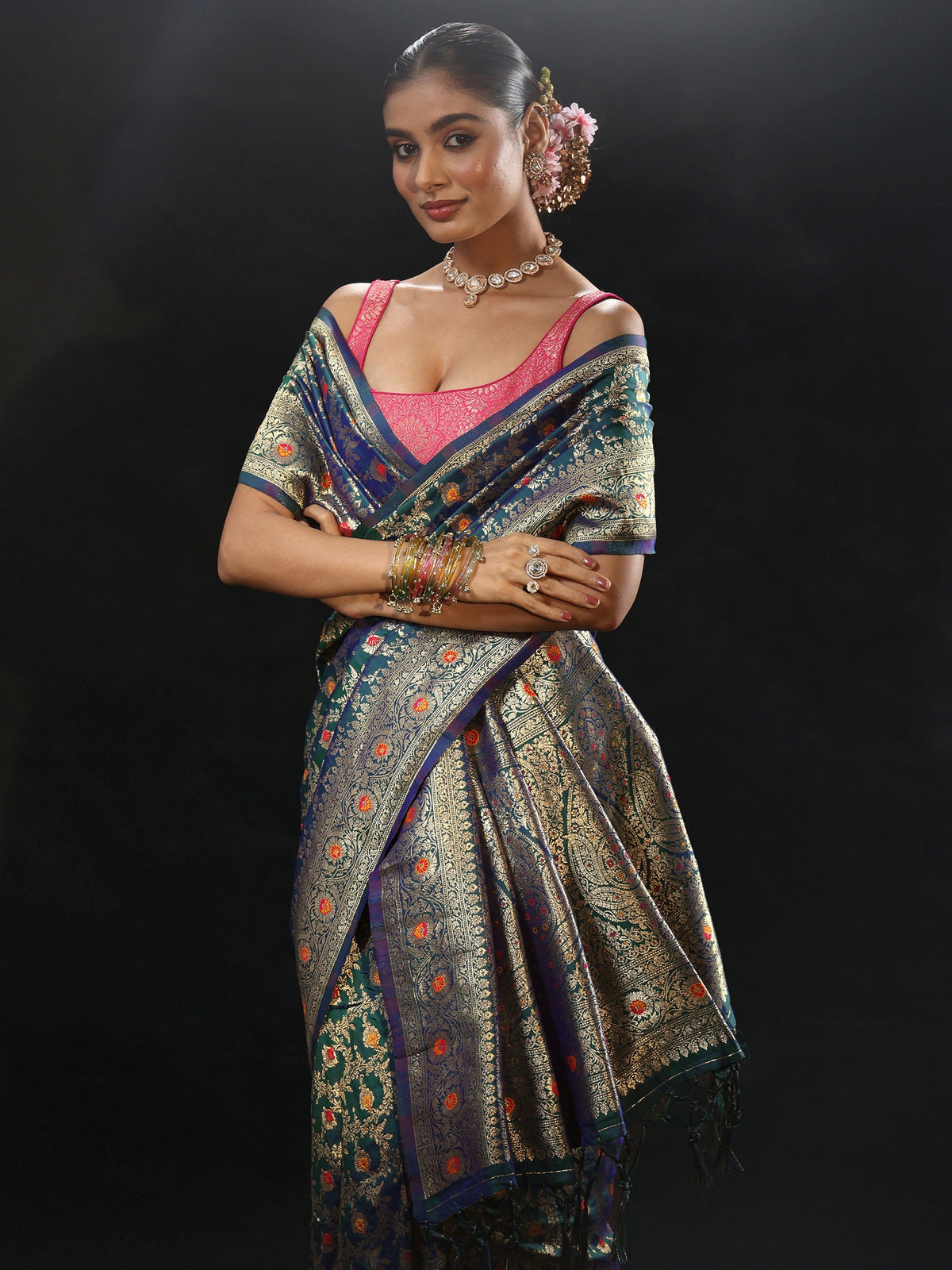 Navy Blue Meenakari Banarasi Silk Blend Saree