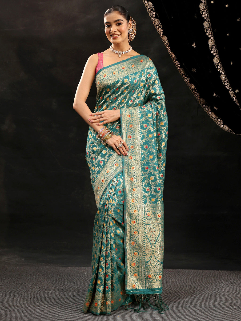 Teal Green Meenakari Banarasi Silk Blend Saree