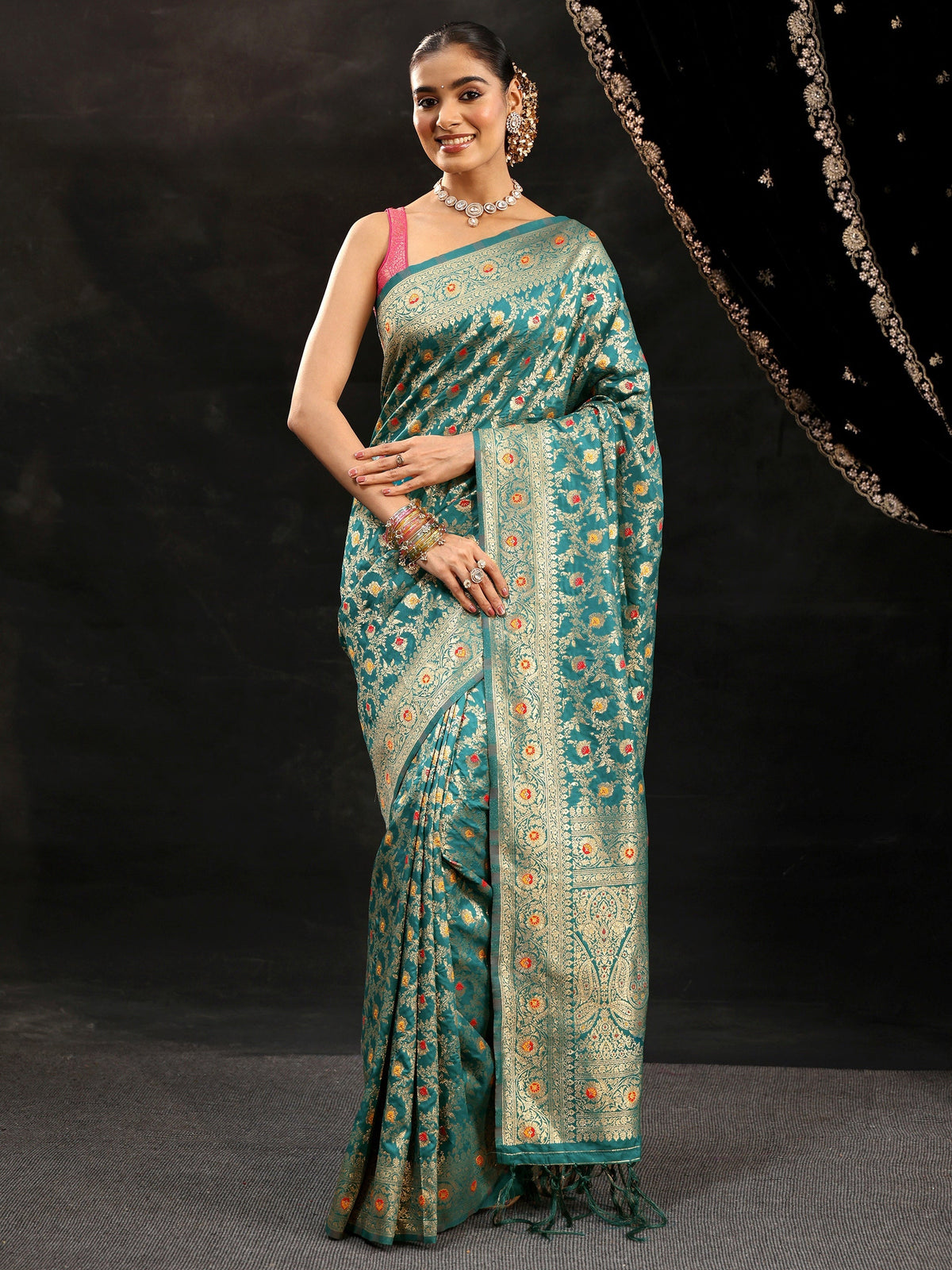 Teal Green Meenakari Banarasi Silk Blend Saree