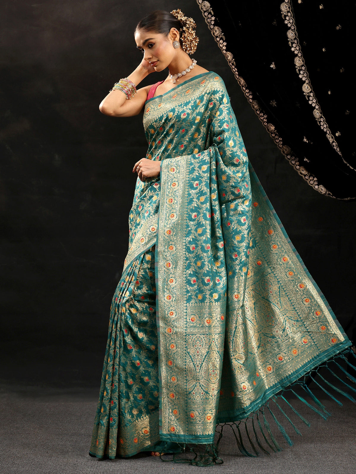 Teal Green Meenakari Banarasi Silk Blend Saree