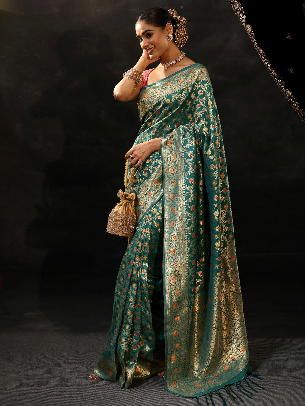 Teal Green Meenakari Banarasi Silk Blend Saree