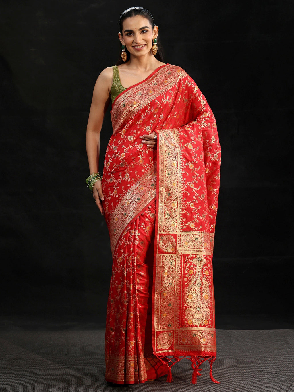 Vermilion Red Meenakari Banarasi Silk Blend Saree