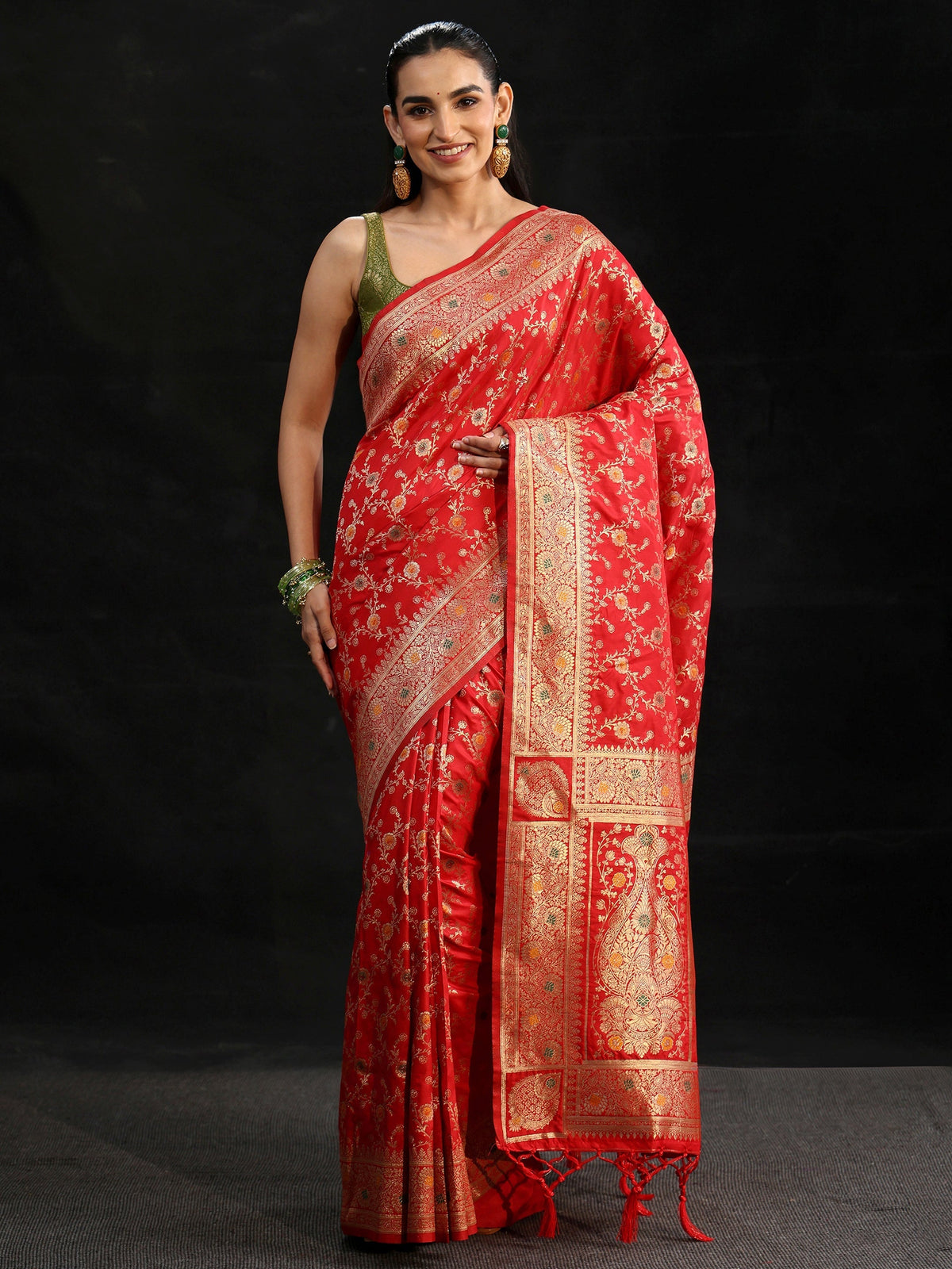 Vermilion Red Meenakari Banarasi Silk Blend Saree