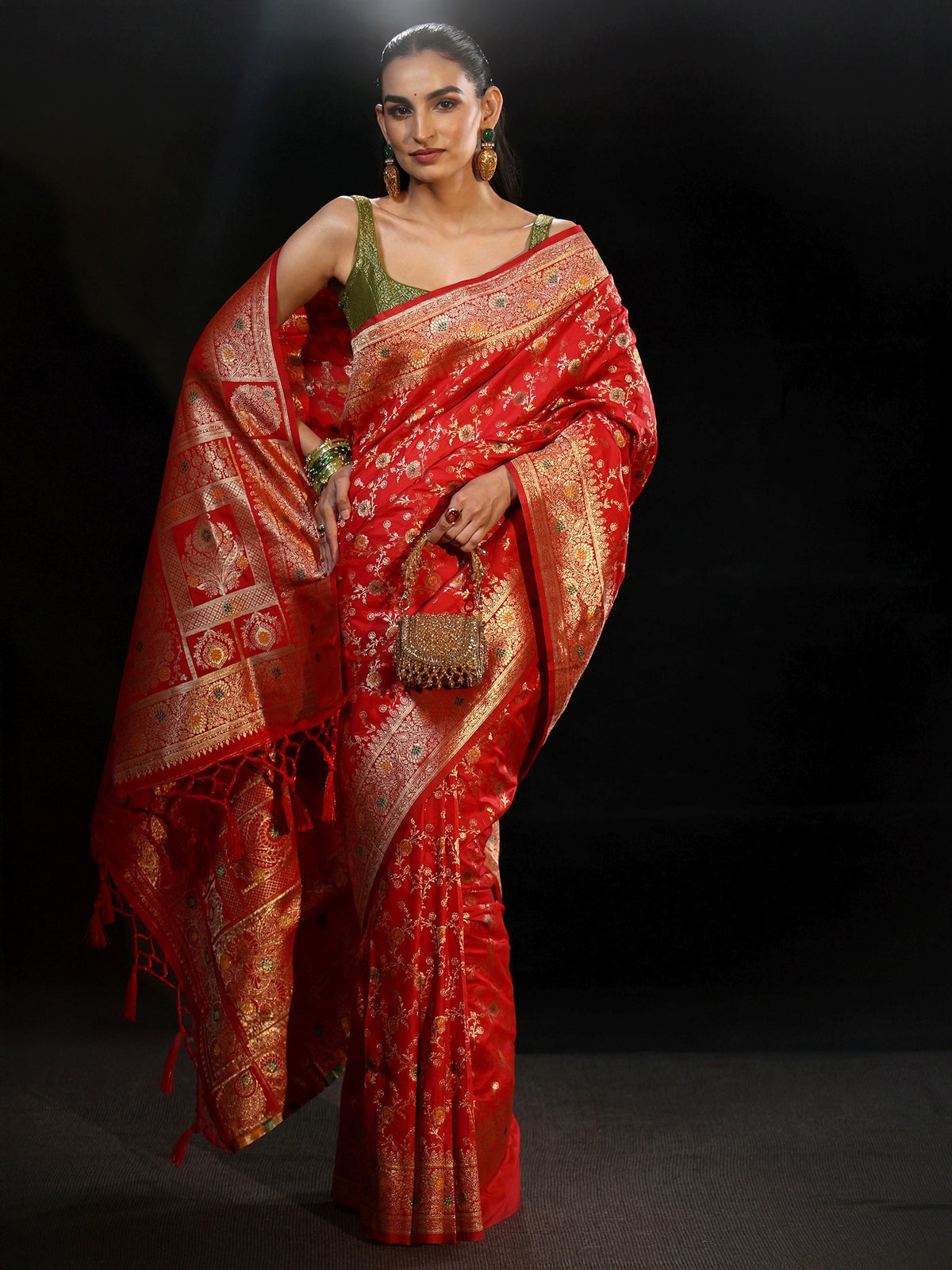 Vermilion Red Meenakari Banarasi Silk Blend Saree