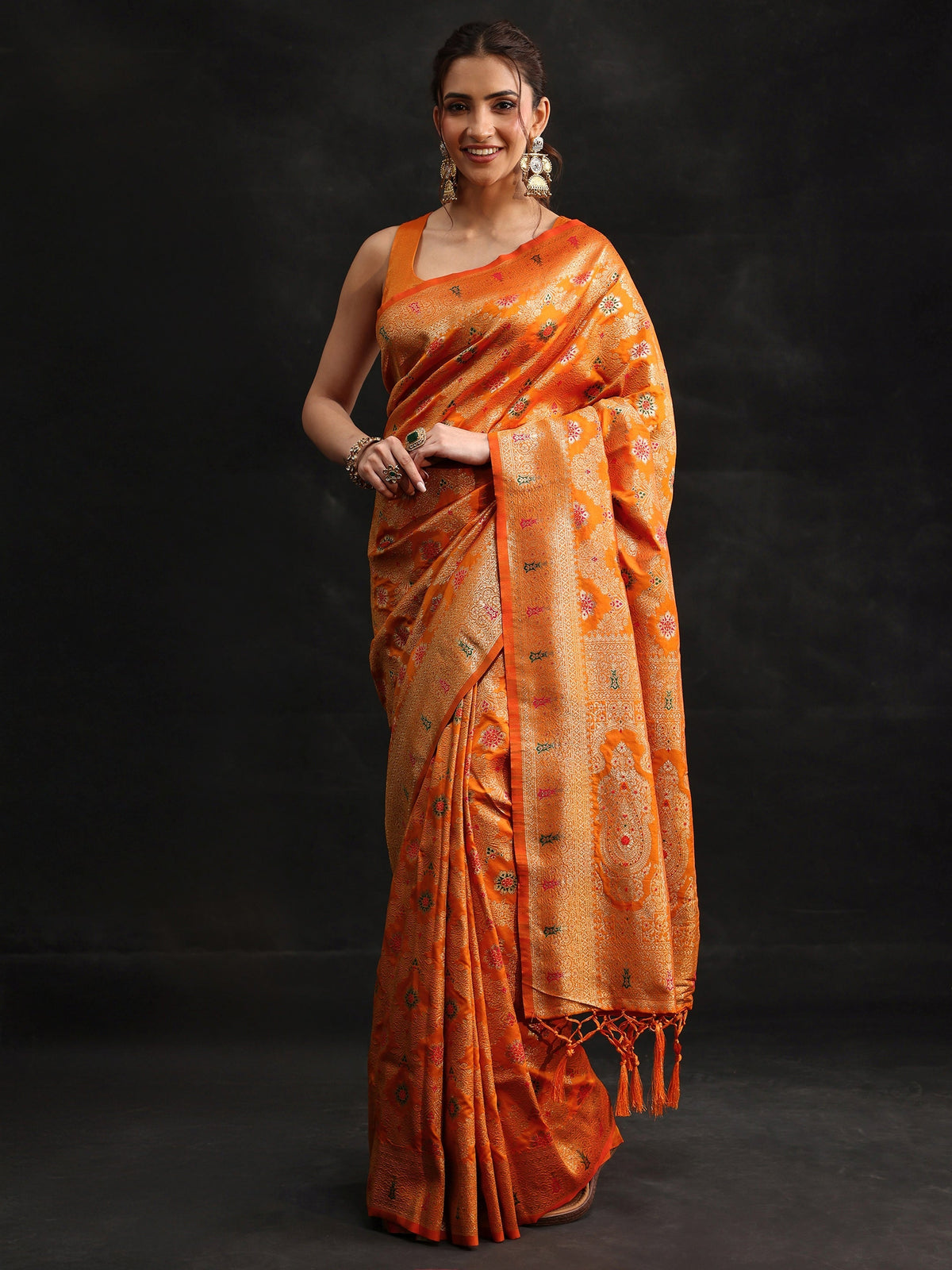 Orange Meenakari Banarasi Silk Blend Saree