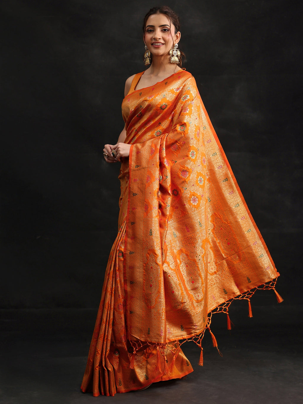 Orange Meenakari Banarasi Silk Blend Saree