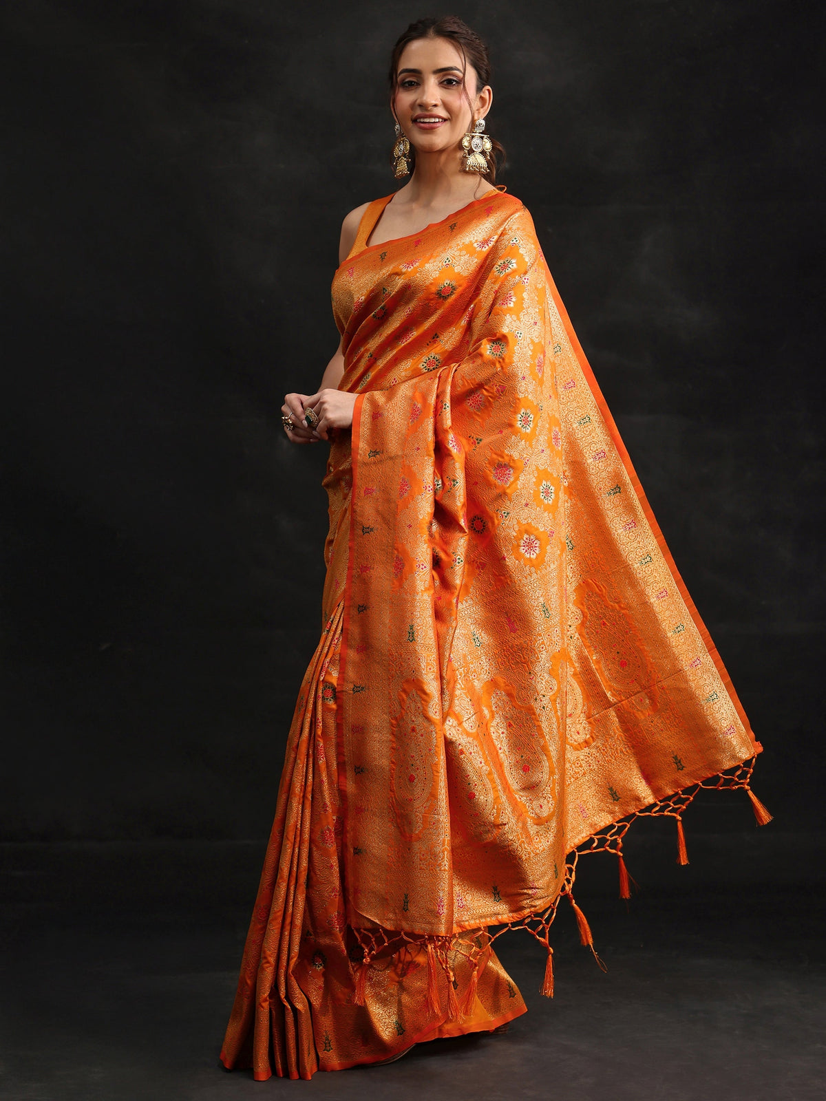 Orange Meenakari Banarasi Silk Blend Saree