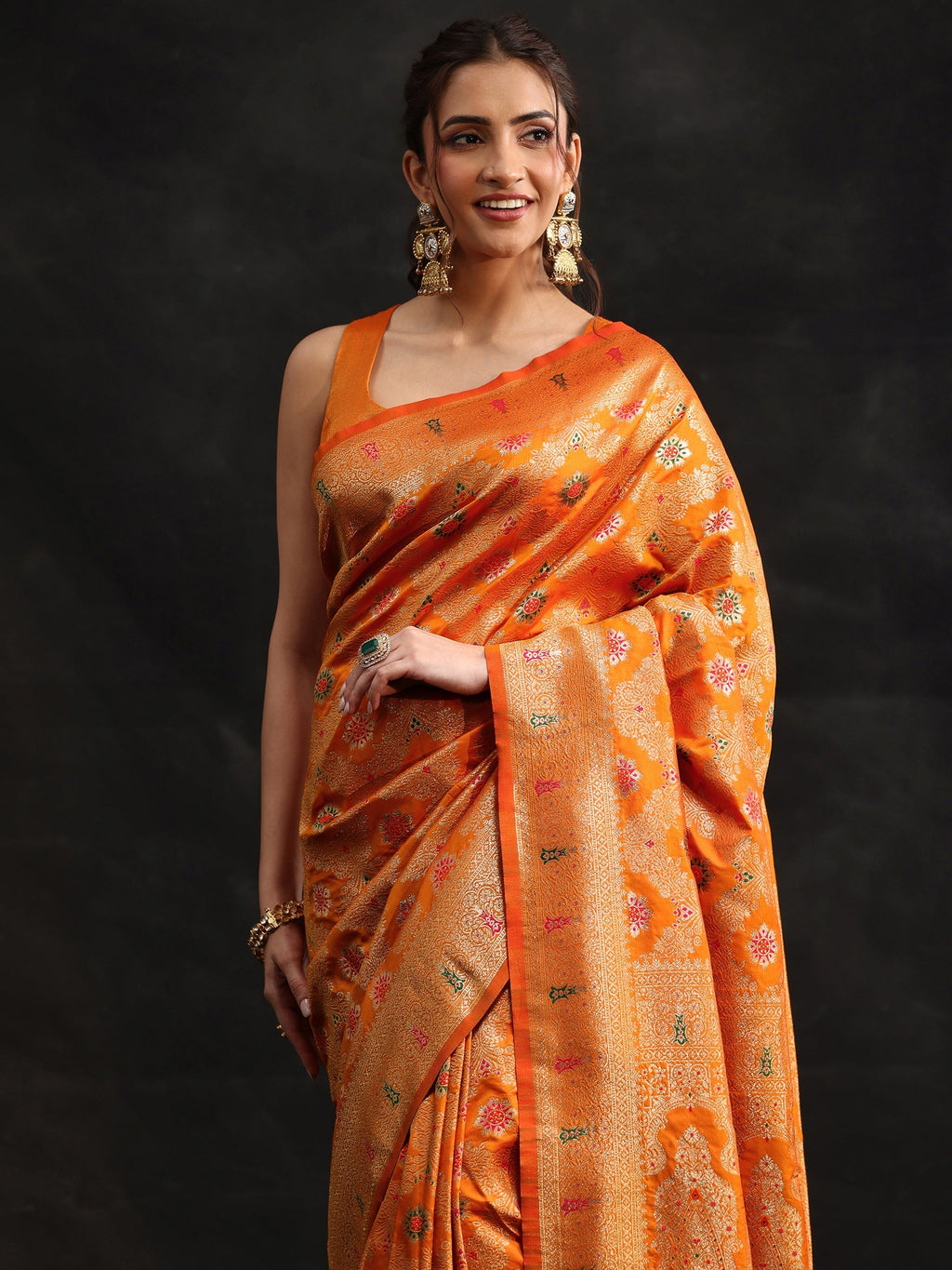 Orange Meenakari Banarasi Silk Blend Saree