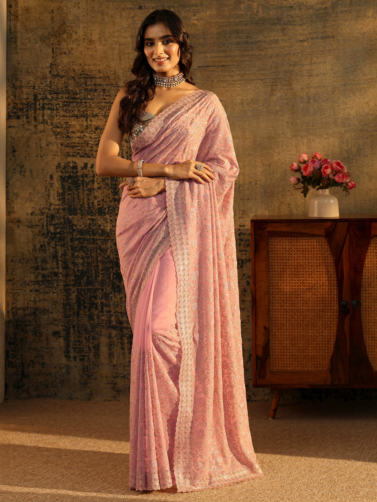 Baby Pink Floral Embroidered Georgette Saree