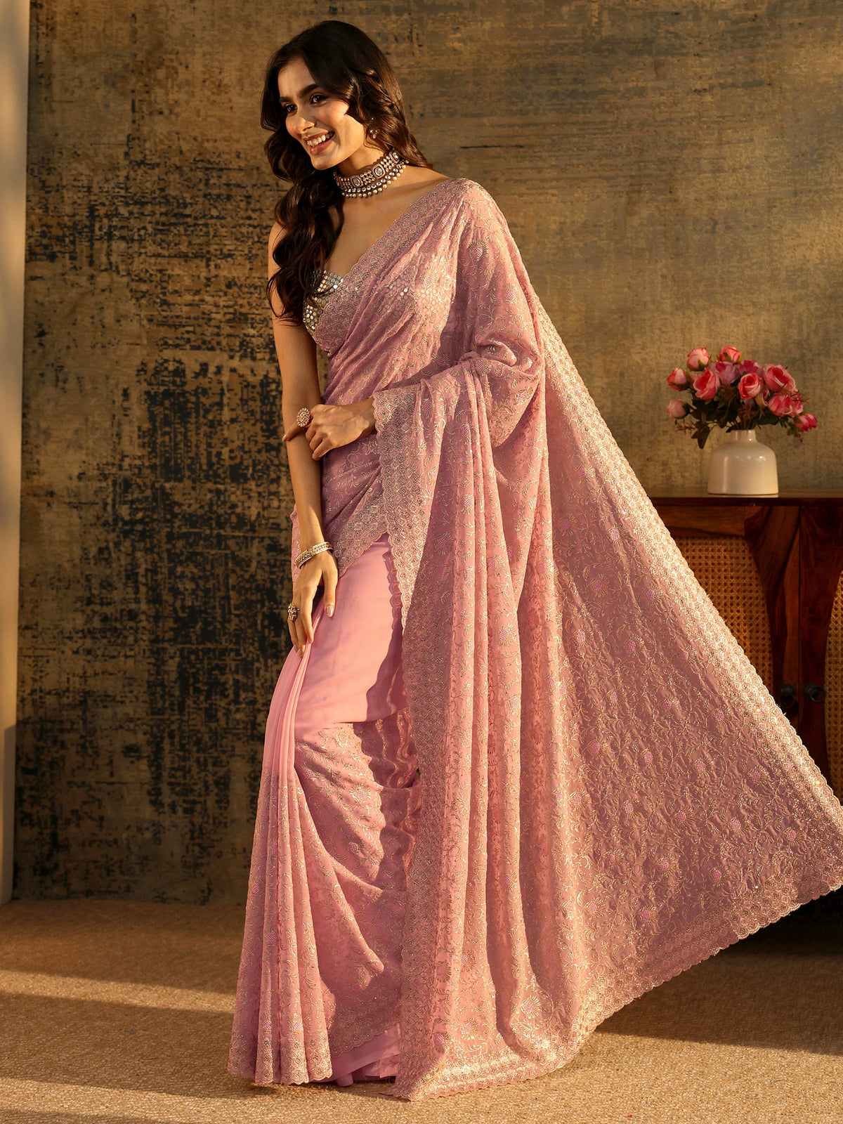 Baby Pink Floral Embroidered Georgette Saree