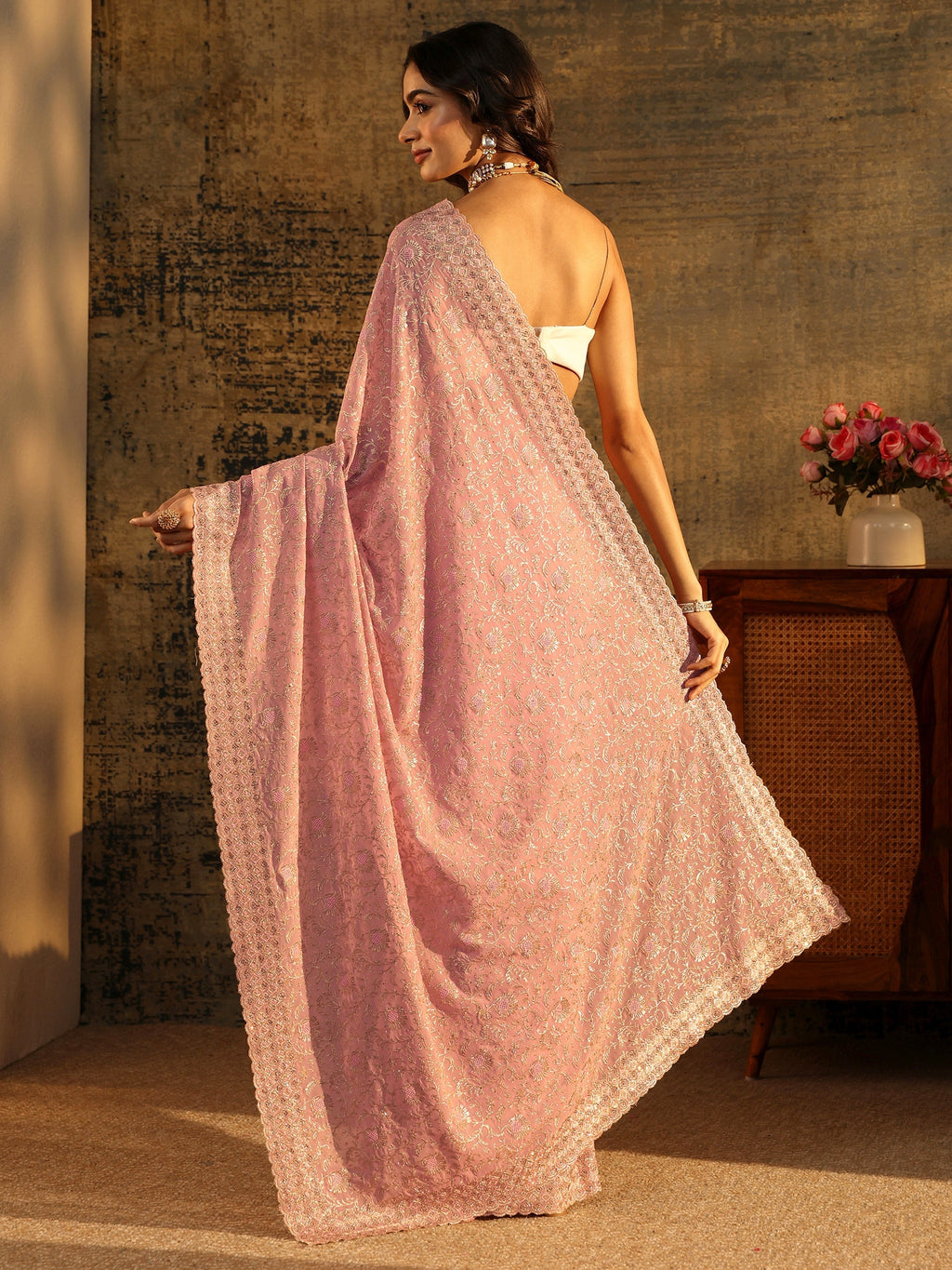 Baby Pink Floral Embroidered Georgette Saree