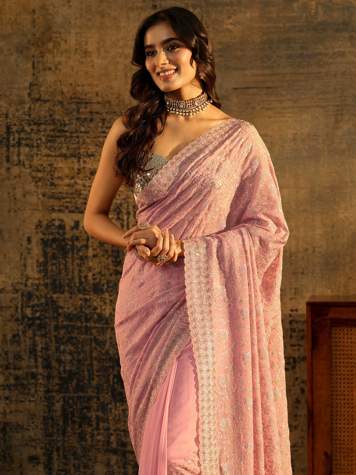Baby Pink Floral Embroidered Georgette Saree
