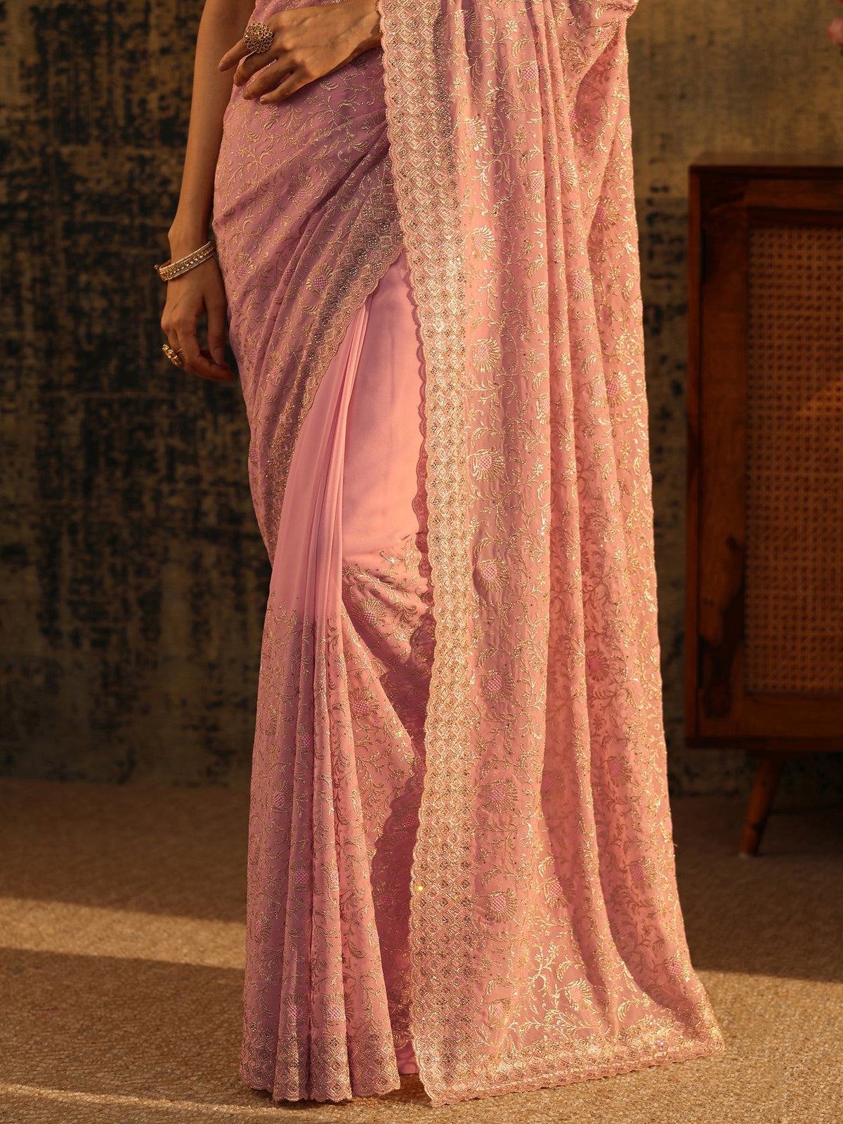 Baby Pink Floral Embroidered Georgette Saree