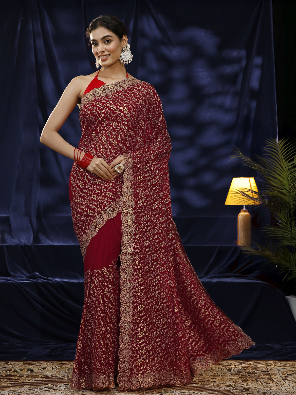 Red Floral Embroidered Georgette Saree