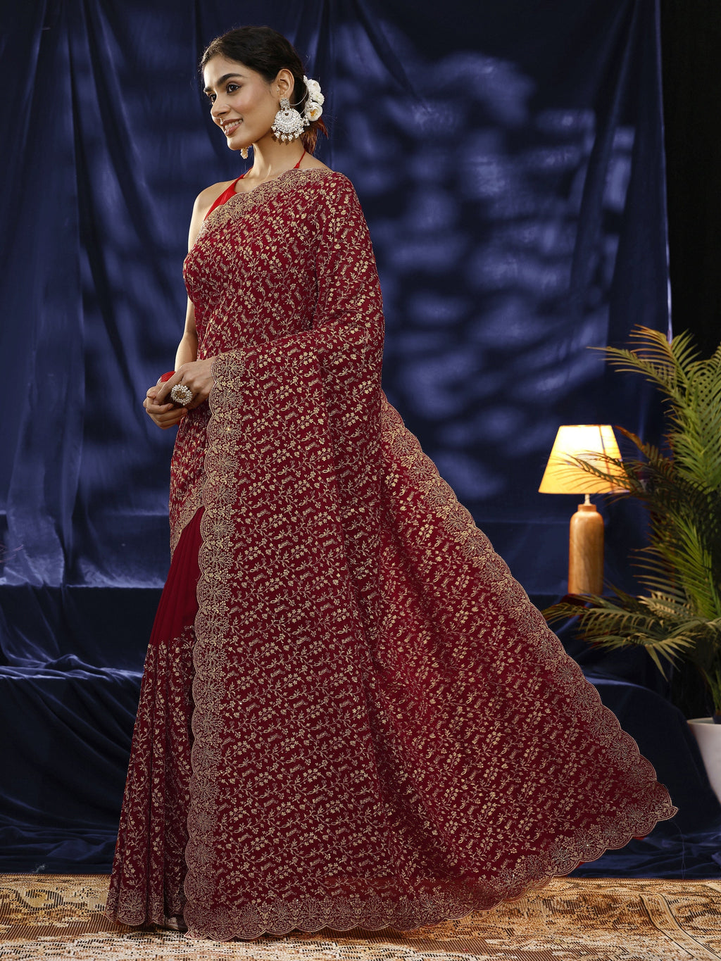Red Floral Embroidered Georgette Saree
