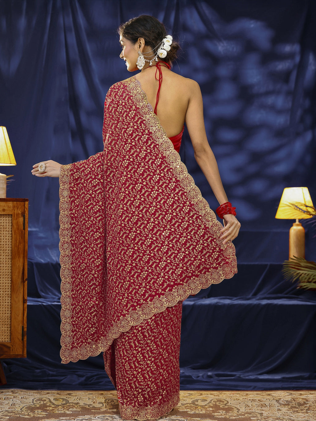 Red Floral Embroidered Georgette Saree