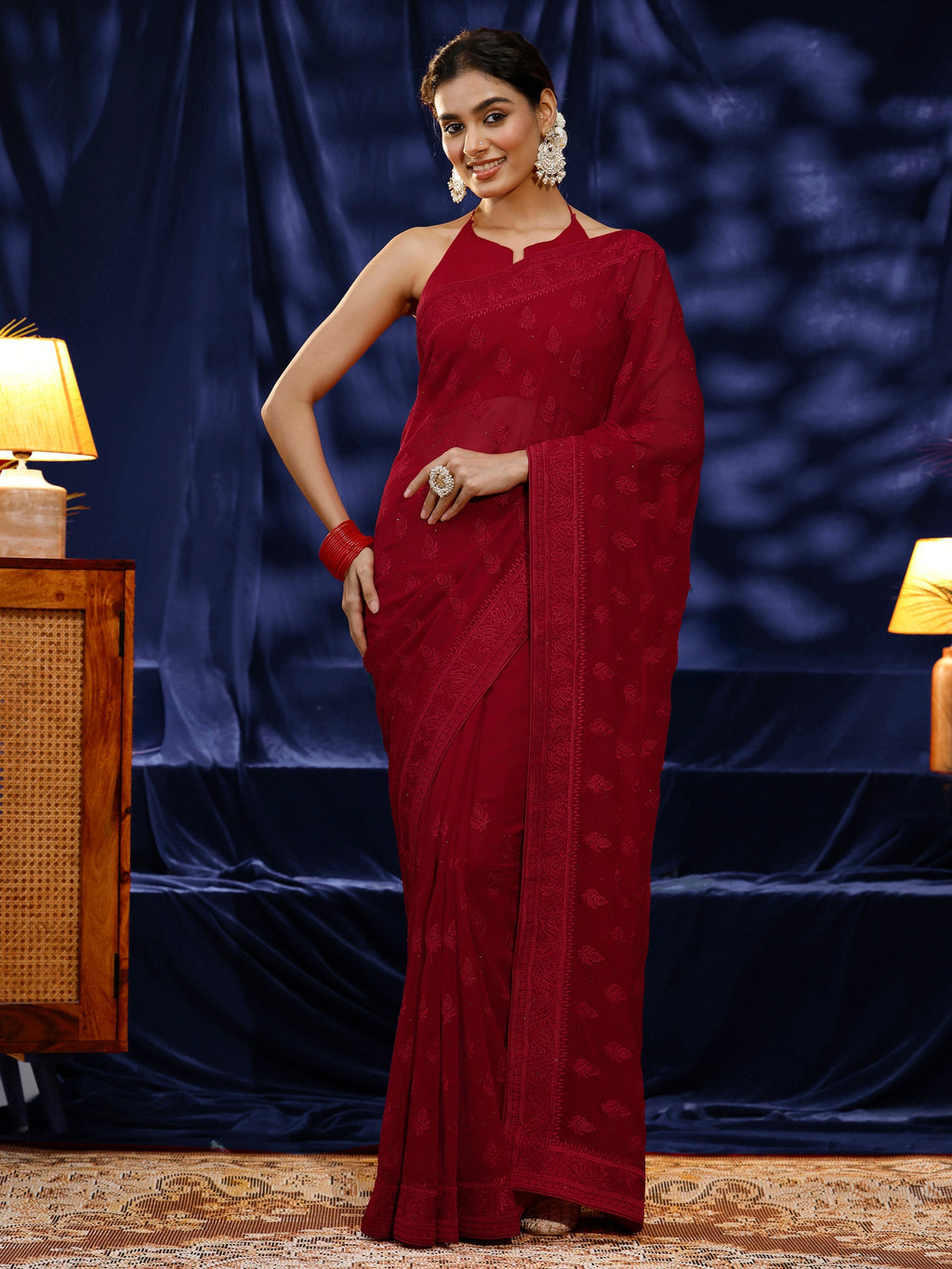Red Floral Embroidered Georgette Saree