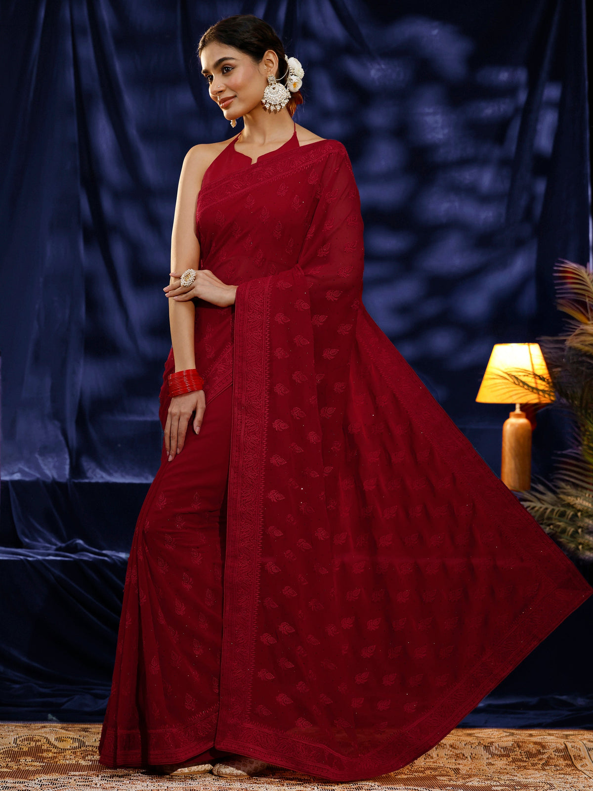 Red Floral Embroidered Georgette Saree