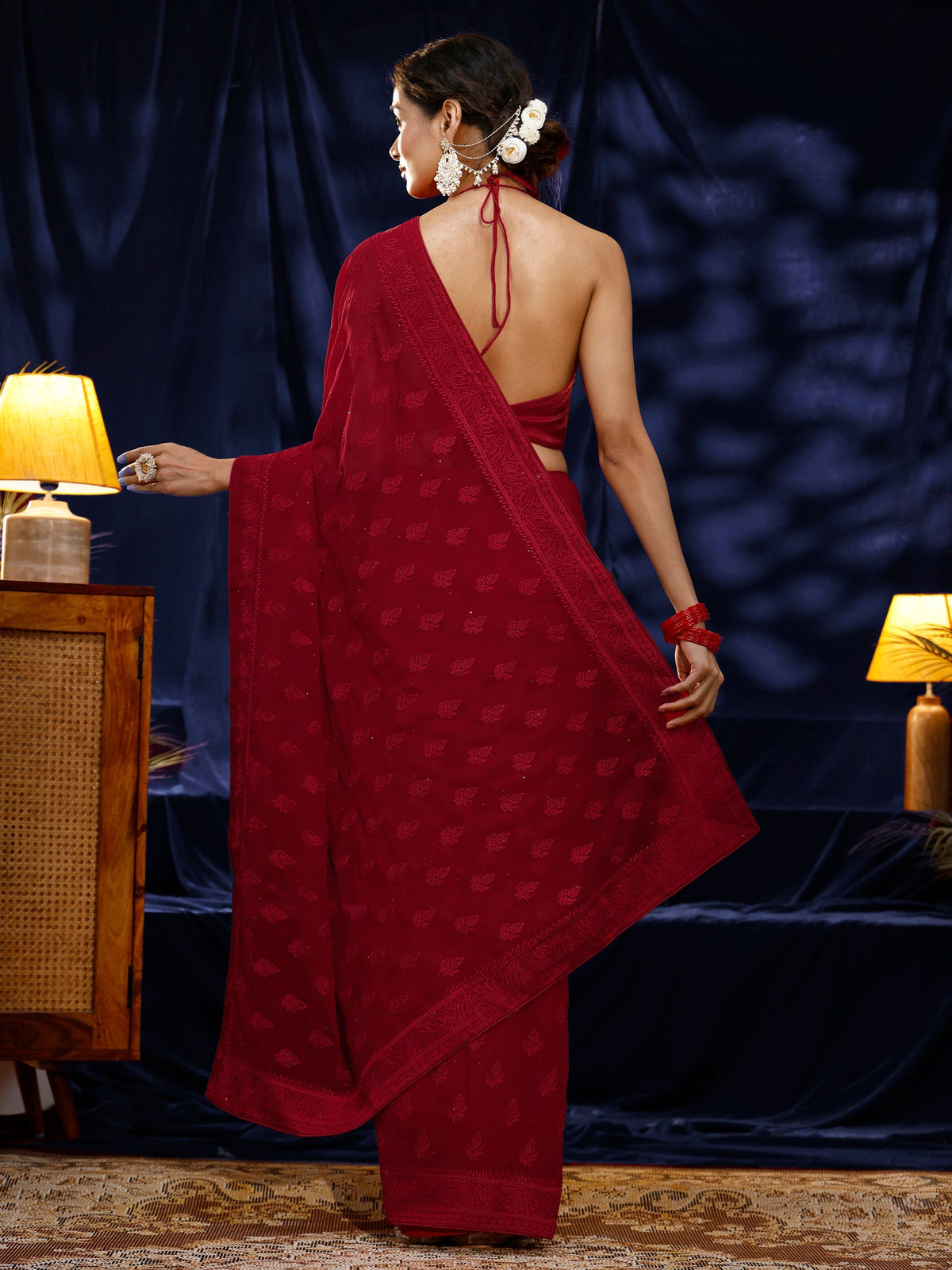 Red Floral Embroidered Georgette Saree
