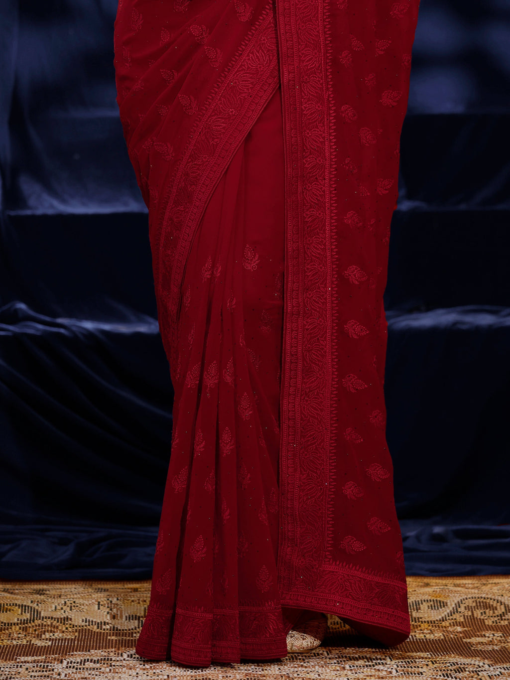 Red Floral Embroidered Georgette Saree