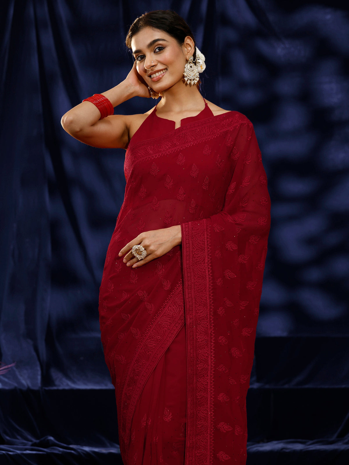 Red Floral Embroidered Georgette Saree