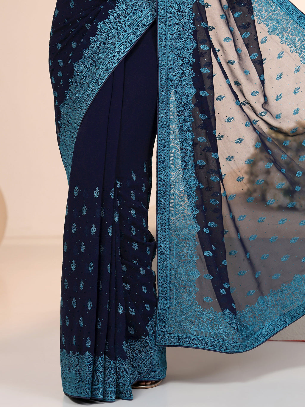 Navy Embroidered Georgette Saree with Ethnic Motifs