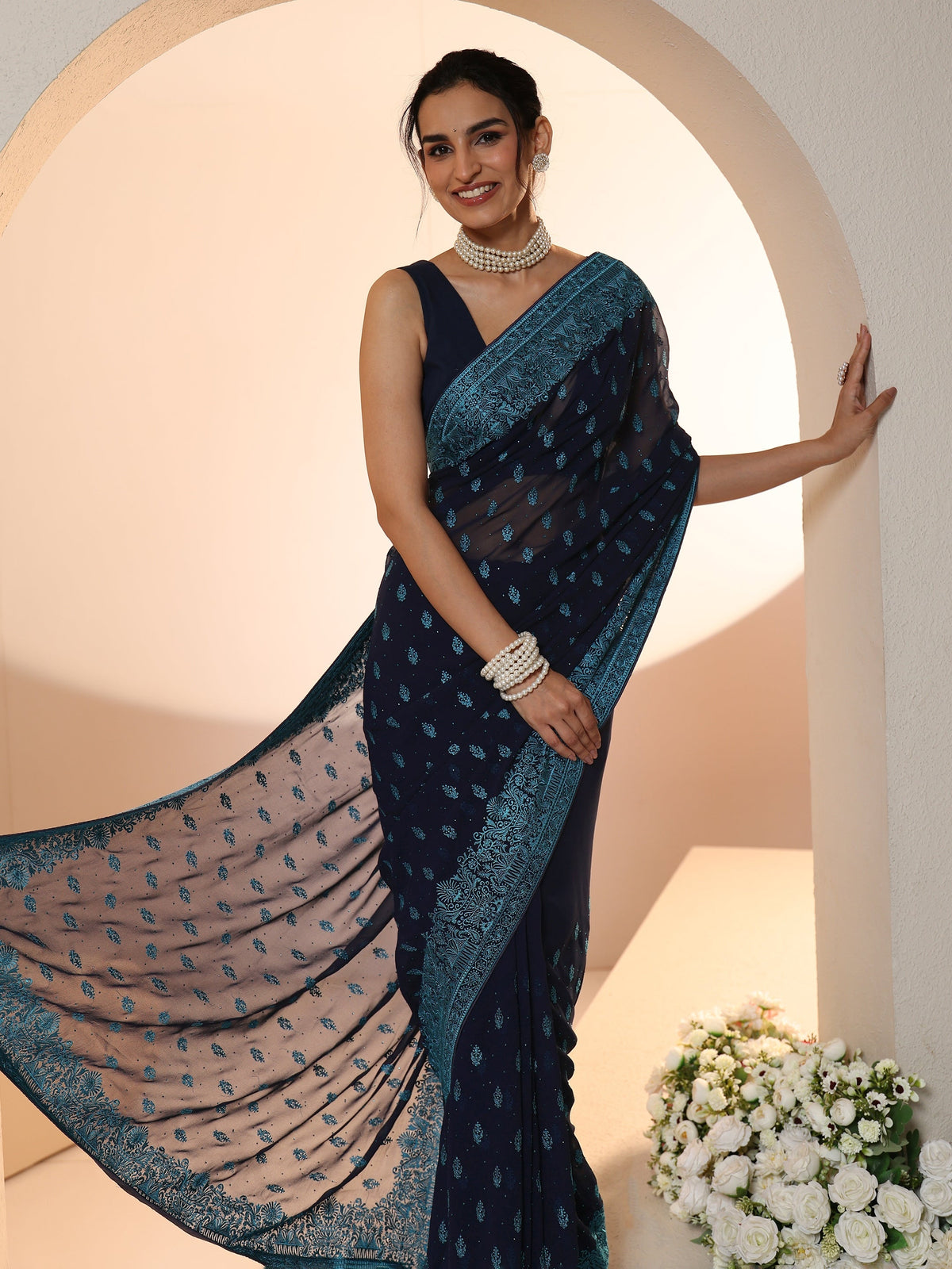 Navy Embroidered Georgette Saree with Ethnic Motifs