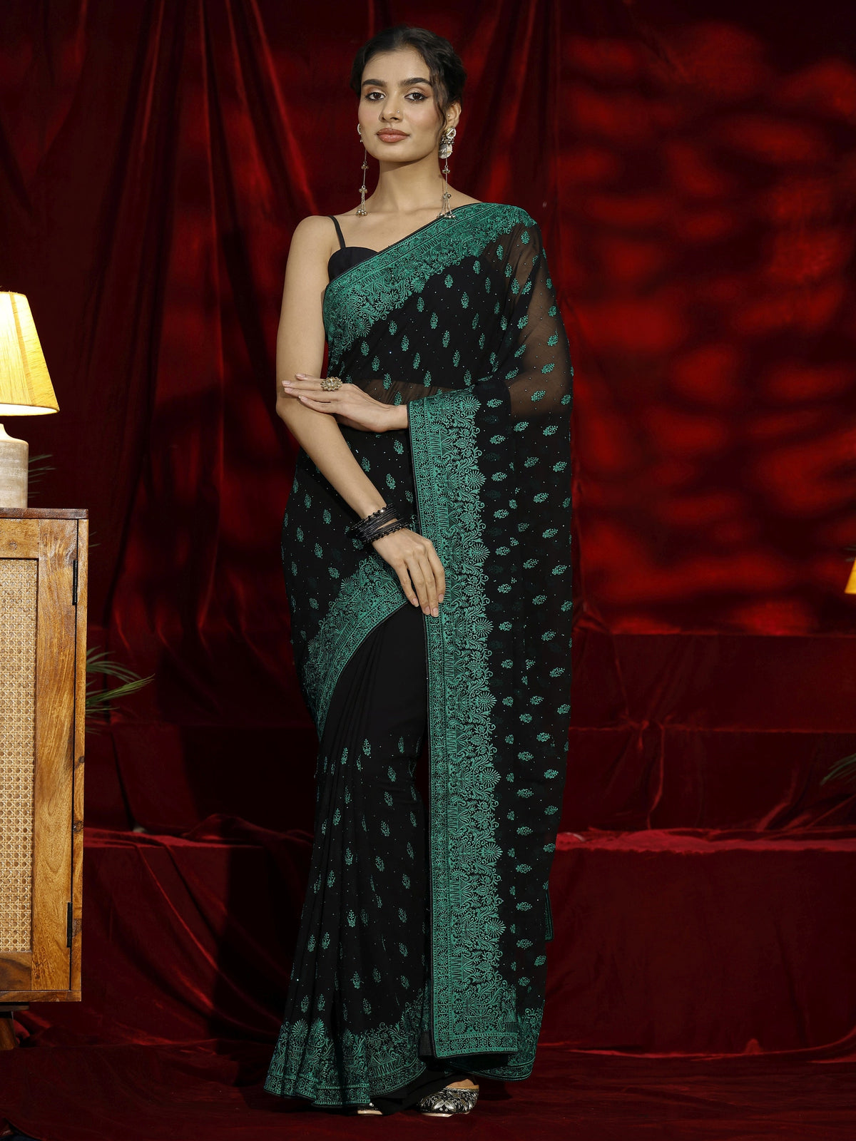 Black Floral Embroidered Georgette Saree