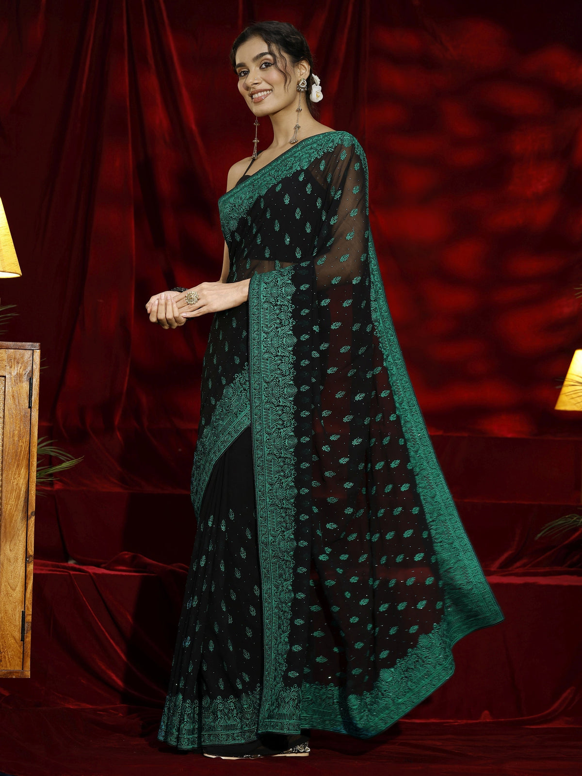 Black Floral Embroidered Georgette Saree