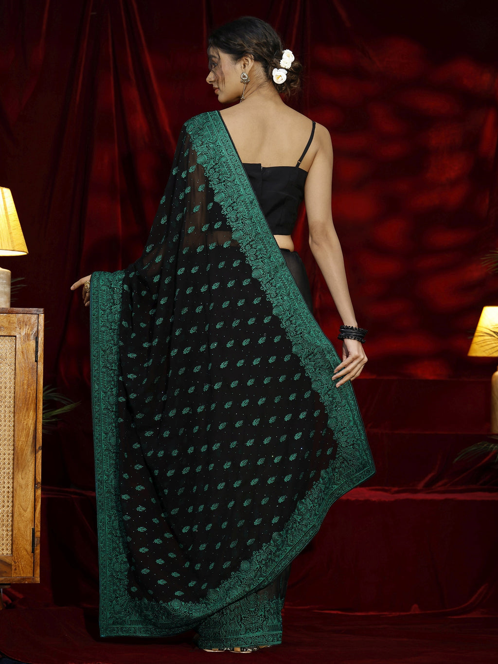 Black Floral Embroidered Georgette Saree